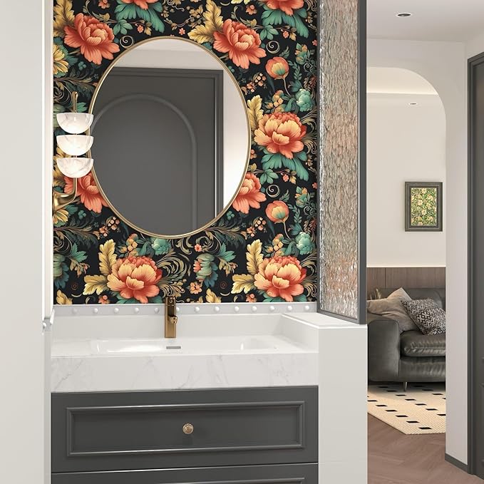 Colorful Floral Peel and Stick Wallpaper Boho Vibrant Contact Paper Stick Peel Cabinet Vintage Wallpaper for Bedroom Bathroom Wall Removable Black 17.5 x 393.5In