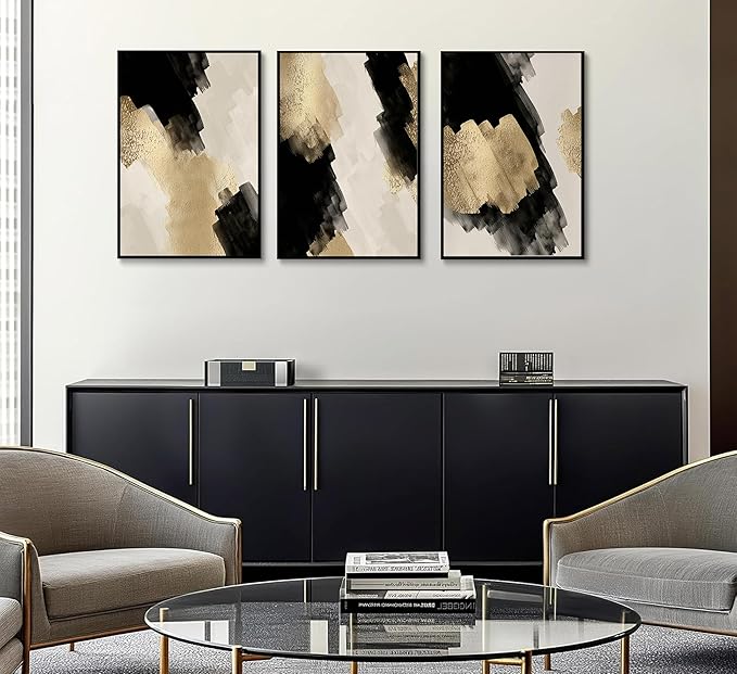 3Pcs Black and Gold Abstract Wall Art Modern Minimalist Posters Prints Neutral Abstract Pictures Painting Wall Decor for Living Room Bedroom Office Decoration Unframed