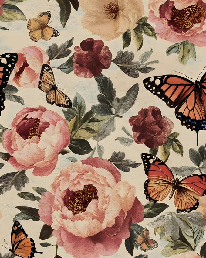 Beige Floral Wallpaper Vintage Butterfly Contact Paper Boho Leaf Wall Paper for Bathroom Shelf Liner Drawer Backsplash Retro Removable Waterproof Peel Stick 17.5 x 118In