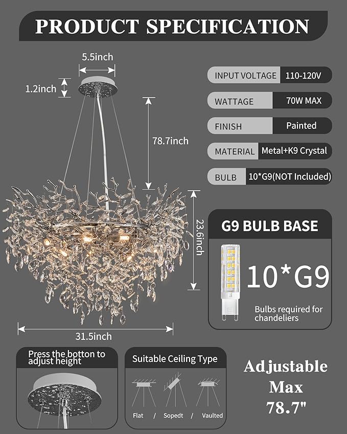 Modern Crystal Chandelier for Dining Room, 31.5" Chrome Tree Branch Chandeliers, 10-Light Luxury K9 Crystal Round Chandeliers for Kitchen Island Living Room