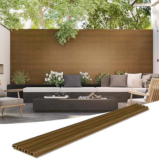 3D Faux Wood Wall Panels for Exterior – Waterproof WPC Decorative Siding Slat Covering, Outdoor UV 8 FT (L) x 0.53 FT(H) Resistant Wall Decor, Easy Install Design (Brown, Pack of 10 Piece)