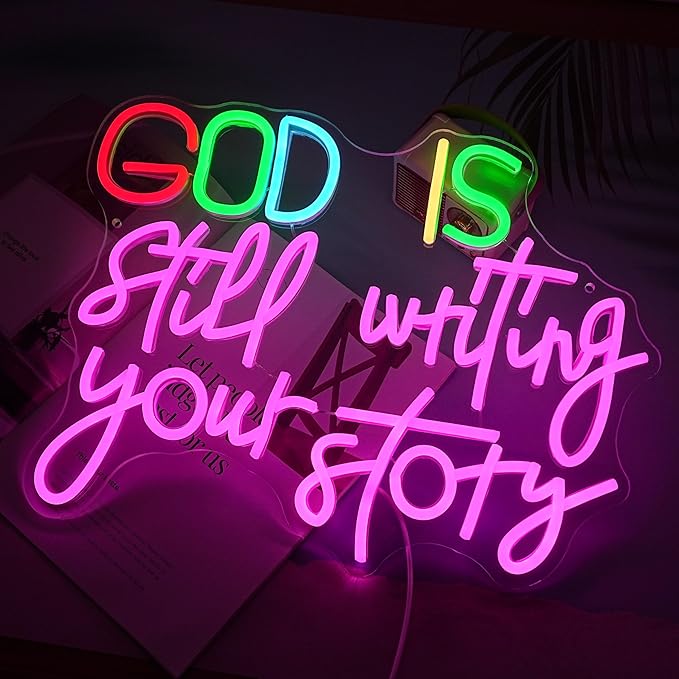 LISIGNVE God Is Still Writing Your Story Neon Sign USB Powered Christian Neon Light Sign Wall Decor Dimmable LED God Neon Light for Church Bedroom Wedding Birthday Party Neon Sign(16.5”*12.6”)