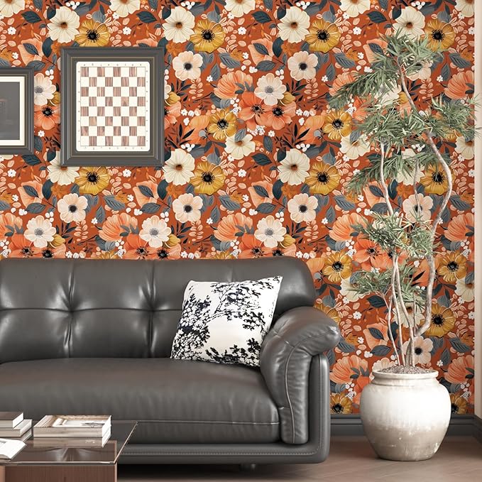 Orange Wallpaper Stick and PeelBoho Floral Contact Paper Self Adhesive Removable Waterproof Easy Peel Off Wall Paper Renter Friendly for Bedroom Cabinet Backsplash 17.5 x 393.5In