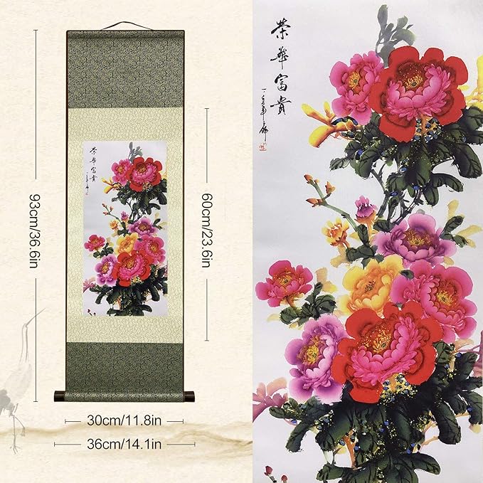 AtfArt Asian Wall Decor Beautiful Silk Scroll Painting Flower - Prosperity - Enjoy Honor and Distinction Oriental Decor Chinese Art Wall Scroll Wall Hanging Painting Scroll (39 x 12 in)