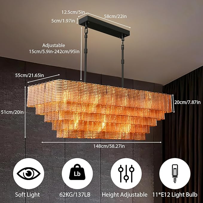 Large Chandelier for Dining Room, 59" 11-Light Amber Rectangular Chandelier for High Ceilings, Modern Balck Kitchen Island Hanging Light Fixture for Living Room, Dining Room, Kitchen Island, Foyer