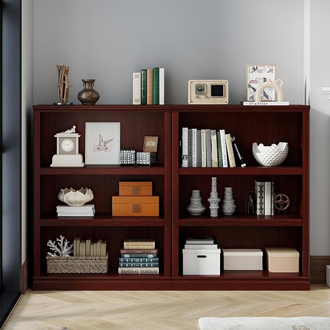 43 in Tall Bookcase, 3-Tier Bookshelf Open Storage, 33 inch Wide Floor Standing Indoor Furniture, Book Cases for Home School Library Office Bedroom Kids, Mahogany 3 Tiers