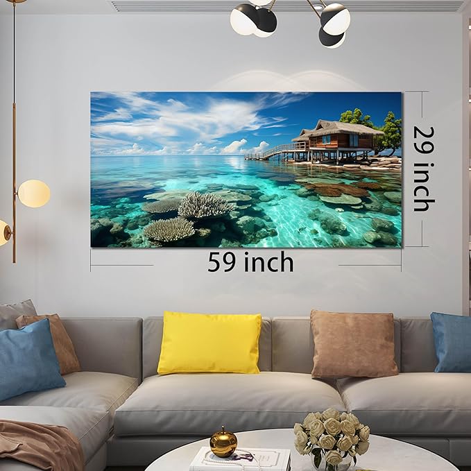 Ocean Scenic Canvas Wall Art, Blue Seascape Wall-Decor Picture, Ocean Scenery Canvas Decoration, Coastal Landscape Print Decorative Artwork for Home living Room Bedroom, Large Size 59x29 Inches