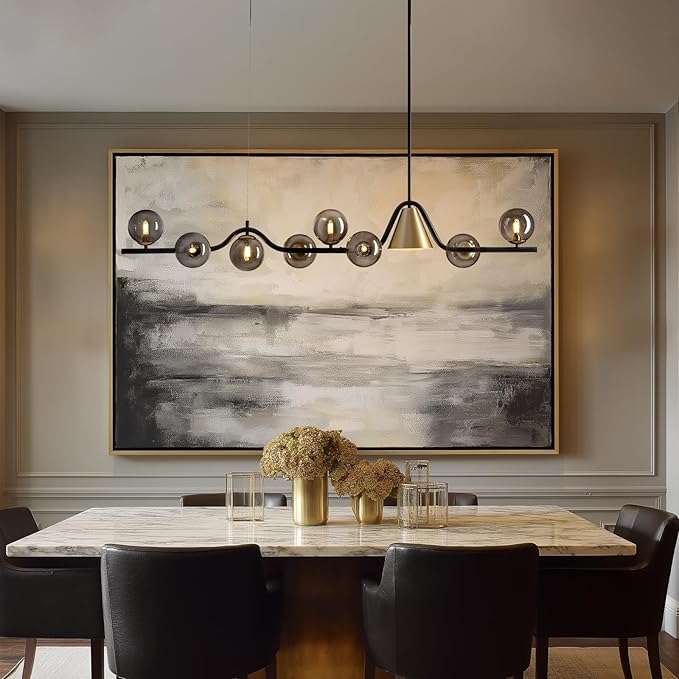 L55 in Mid Century Modern Chandelier, Black and Gold Globe Sputnik Glass Chandeliers Light Fixture,Rectangular Chandelier, 9 Light Dining Room Light Fixtures Over Table