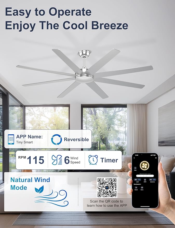 72'' Silver Ceiling Fans With No Lights, 8 Blades Large Ceiling Fan Remote/APP Control, Silent Shop Ceiling Fan for Garage Covered Outdoors