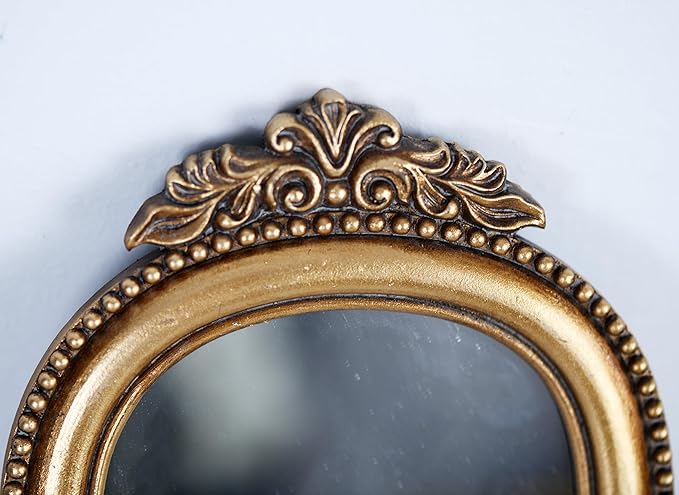 OIGUMR Smaller Vintage Gold Ornate Baroque Mirror Vanity Desk Table Mirror Arched Makeup Mirror with Resin Frame 9.6X6.5 inch