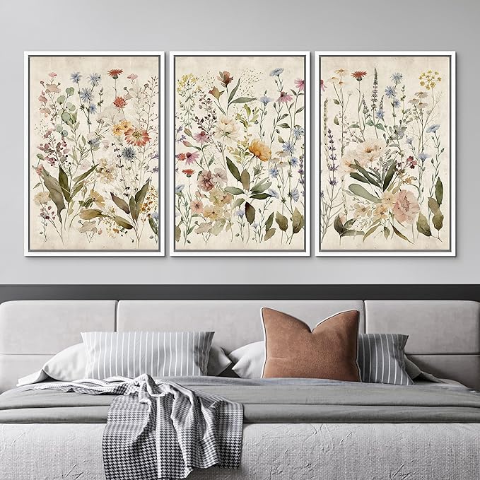 MUDECOR Framed Wall Art Print Set Blooming Wildflowers Illustrations Modern Art Decorative Colorful Chic for Living Room, Bedroom, Office - 16"x24"x3 White