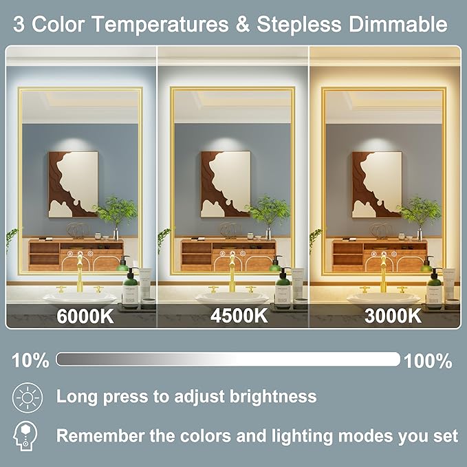 24x36 Inch Gold LED Bathroom Mirror with Front and Back Lighting, 3 Color Temp, Dimmable, Anti-Fog, Aluminum Frame Wall Mounted Lighted Bathroom Vanity Mirror