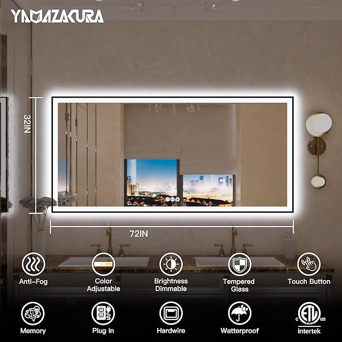 Large LED Bathroom Mirror 72x32 with Backlit and Front Lighted, Framed Dimmable Illuminated Mirror for Wall Anti-Fog Shatterproof (Horizontal/Vertical)