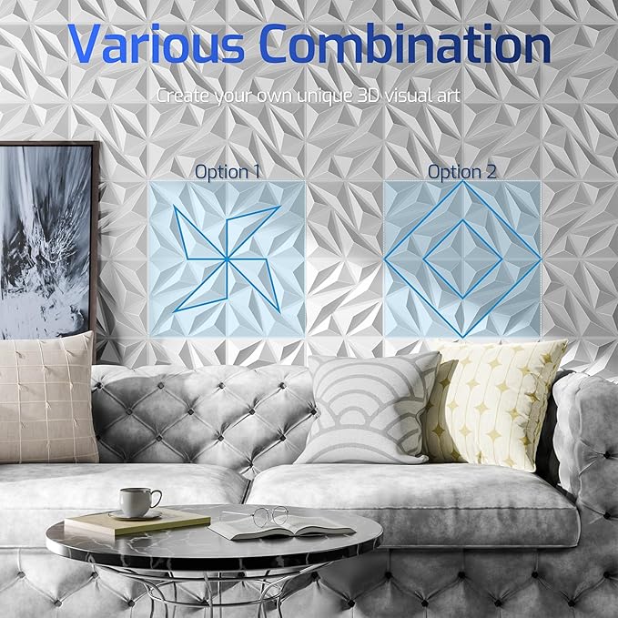 32 Pack White 3D Wall Panels for Interior Wall Decor, 11.8'' x 11.8'' Decorative Wall Panels, Accent Wall Panels, 3D Diamond Design Wall Decor for Living Room, Bedroom, Gaming Room