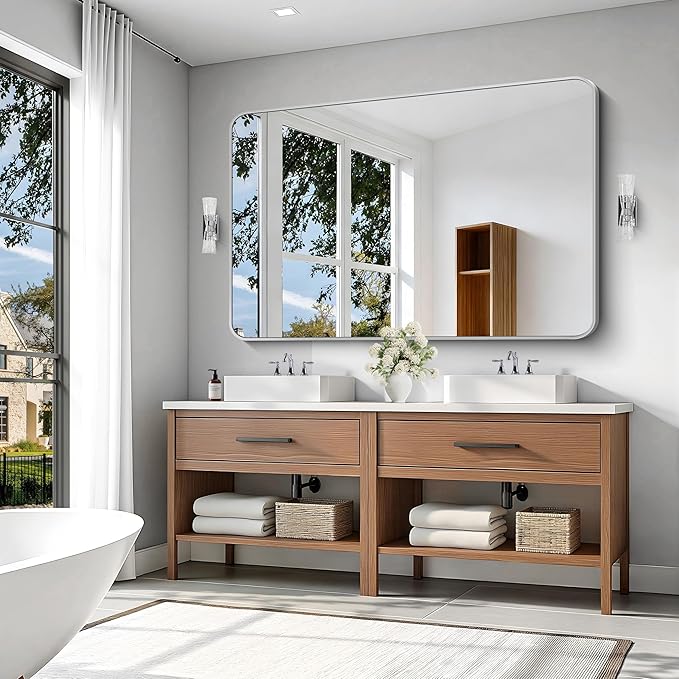 KOCUUY Silver Bathroom Mirror, 60x40 Inch Large Bathroom Mirror for Over Sink, HD Tempered Glass, Anti-Rust Brushed Silver Frame, Rounded Corner Modern Design for Bathroom, Hang Horizontal/Vertical