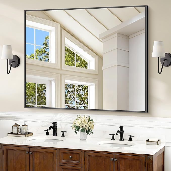 40x48inch Black Bathroom Mirror, Black Rectangle Mirror with Frame, Large Rectangular Wall Mirrors for Bathroom, Living Room, Hair Salon, Big Farmhouse Mirror Hang Horizontal/Vertical