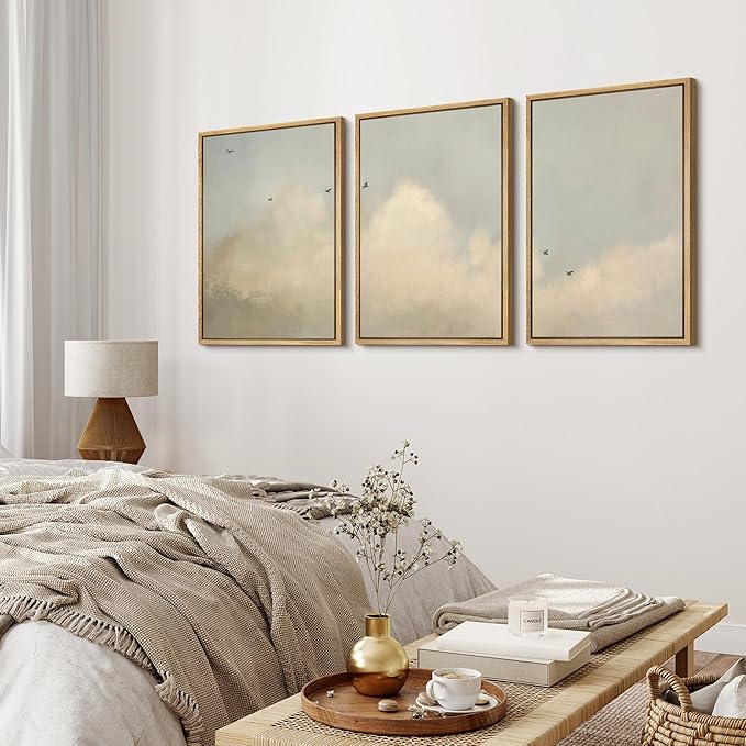 MUDECOR Framed Wall Art Print Set Minimalist Serene Sky with Birds Illustrations Modern Art Boho Decorative Colorful Chic for Living Room, Bedroom, Office - 16"x24"x3 Natural