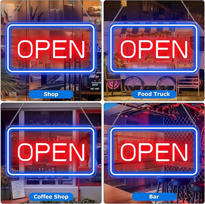 22.8"x 11.8" Ultra Bright 12V Neon Open Sign for Business, LED Open Neon Sign, Electric Light up Signs for Stores, Restaurants Offices Retail Shops Window(Blue-Red-Horizontal)