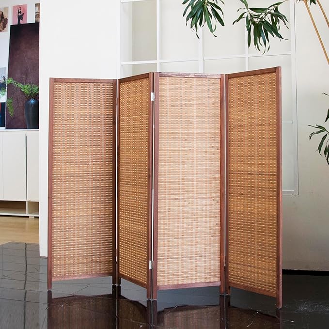 4 Panel Short Room Divider Folding Screen,47 inch Bamboo Panel Divider for Home Partition,Brown