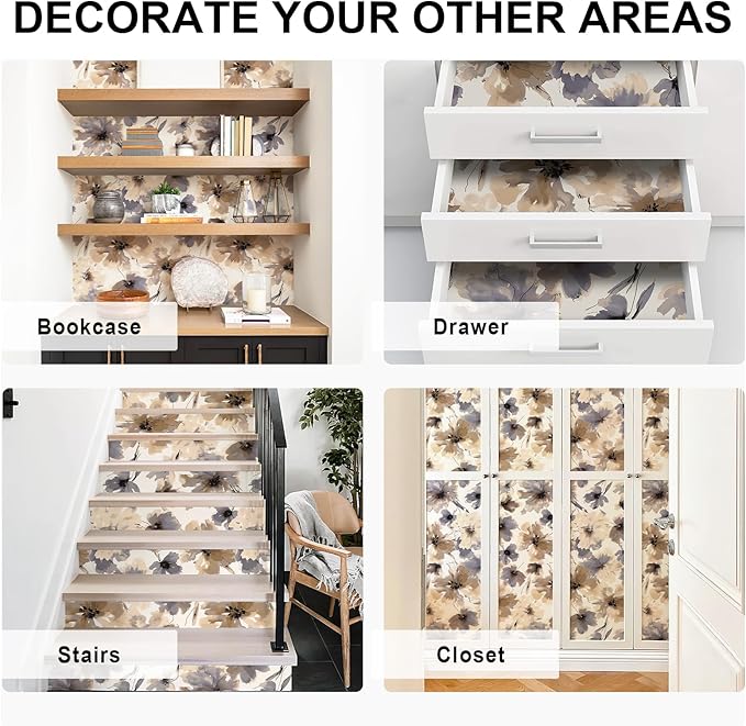 JiffDiff Floral Peel and Stick Wallpaper, Purple Watercolor Flower Contact Paper Peel and Stick for Bedroom Bathroom, Brown Vintage Removable Waterproof Self Adhesive Wall Paper 118"X17.3"(14 sq. ft)