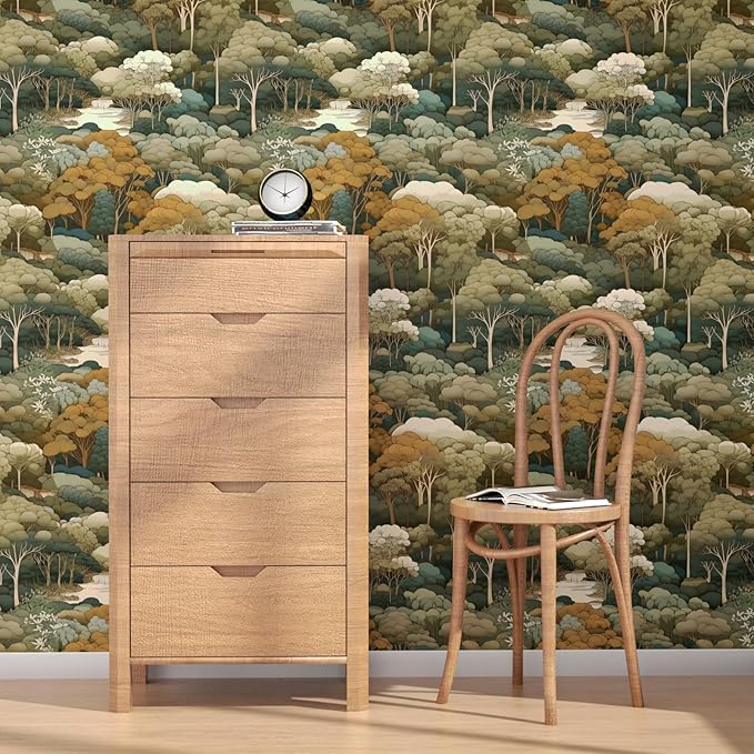 Autumn Forest Wallpaper Peel and Stick Vintage Yellow Trees Woodland Contact Paper 17.4" x 393" Waterproof Self-Adhesive Wall Paper for Bedroom Countertop Desk Cabinets Shelf Decor Renter Friendly
