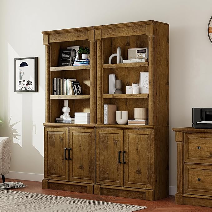 72" Roman Column Bookcase with Double Door Cabinet, 5 Tiers Tall Bookshelf Shelves Storage Anti Tip Kit, Classic American European Modern Multi Style Design for Living Room Study Office, Vintage Oak