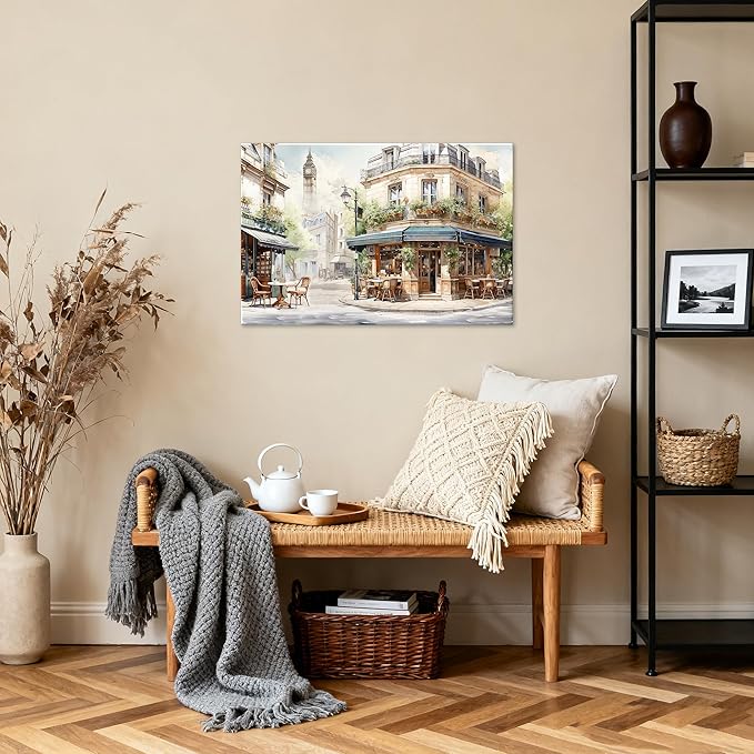 Modern Framed Street View Wall Art European Coffee Shop Canvas Print, Contemporary City Scene Painting, Vintage Cafe Artwork for Kitchen Dining Room Living Room, Bedroom Home Decor, Multi Size