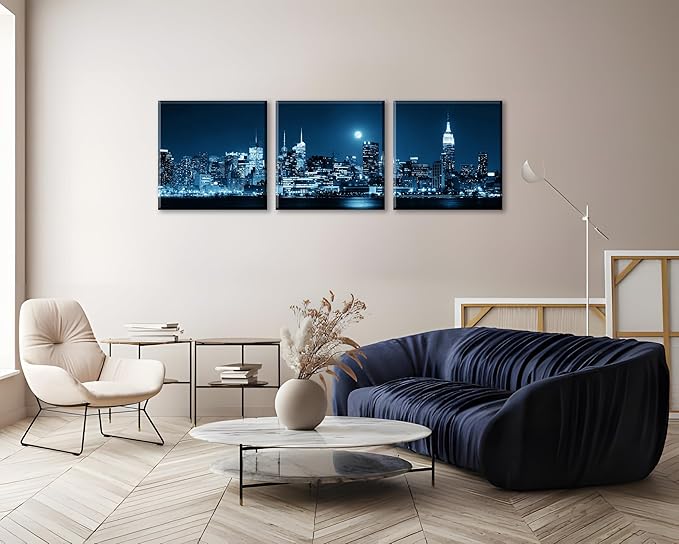 NAN Wind 3-Piece Modern Manhattan Night Skyline Canvas Art Blue Moon Urban Cityscape Wall Decor Contemporary NYC-Inspired Night View Panoramic Prints Framed City Canvas Set for Home Office Living Room