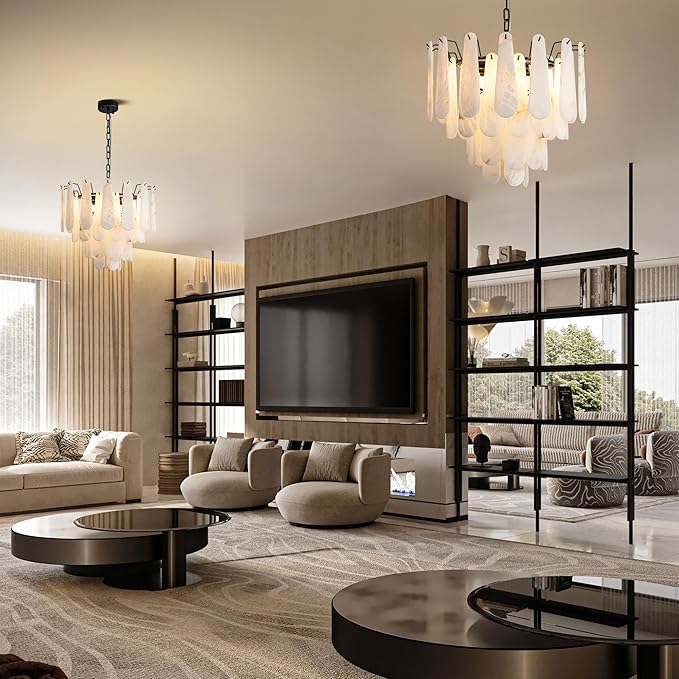 Alabaster Chandelier, D23.6in Modern Alabaster Round Dining Room Chandelier, 4-Tiers Luxury Natural Stone Ceiling Light Fixture, White Marble Chandeliers for Living Room Bedroom Foyer Entryway Kitchen