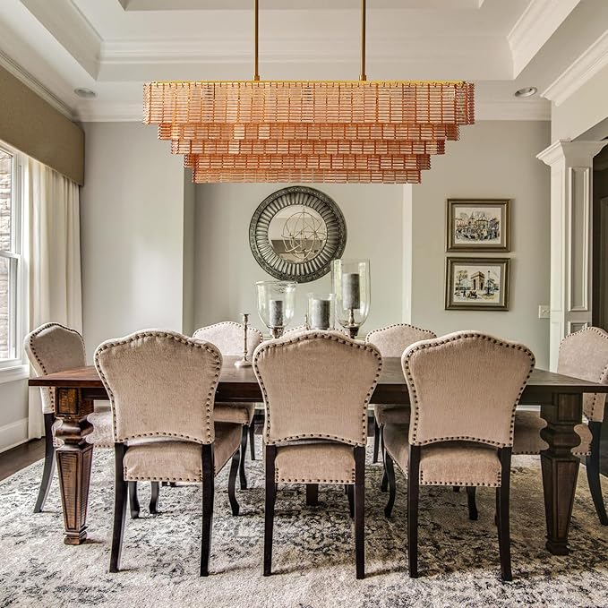 Large Chandelier for Dining Room, 59" 11-Light Amber Rectangular Chandeliers for High Ceilings, Modern Gold Kitchen Island Hanging Light Fixture for Living Room, Dining Room, Kitchen Island, Foyer