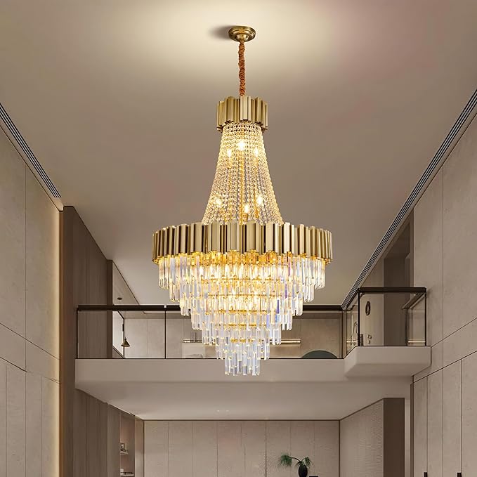 54" Long Crystal Chandelier for High Ceilings, 21-Light Modern Gold Large Chandeliers for Staircase, Foyer, Entryway, Living Room, Hallway, Luxury Top K9 Crystal Tiered Ceiling Light Fixture