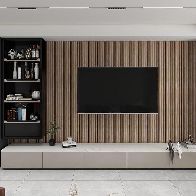 KASARO 3D Faux Wood Wall Panels - 16 Pack (47.2"x4.8") Fluted Slat Paneling for Walls & Ceilings, Adhesive or Nail Install, Waterproof Textured Decor - Living Room, Bedroom, Walnut