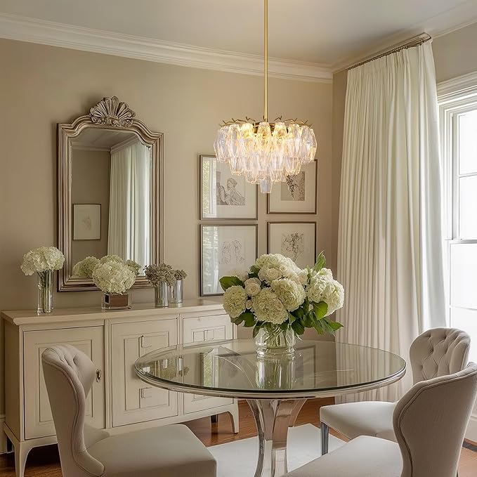 Modern Crystal Chandelier, 17'' Gold Chandeliers for Dining Room, Round Glass Crystal Brass Tiered Pendant Light Chandelier for Living Room, 3-Tier Luxury Chandeliers, Kitchen Island Light Fixture