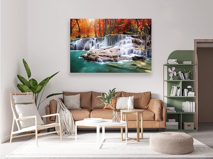 Aibonnly Wall Art Canvas Painting Red Forest Waterfalls 1 Piece Modern Landscape Tree Picture Poster Print Framed and Stretched Ready to Hang for Living Room Bedroom Kitchen Office Home Decor