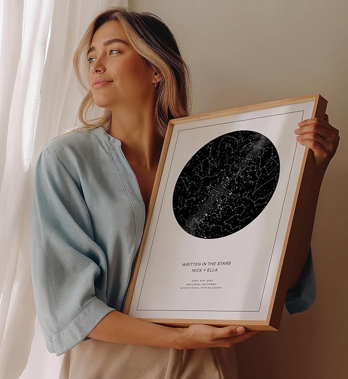 CELESTORY Custom Star Map Framed Night Sky Print Constellation Map Star Chart Gift Wall Art Poster Personalized Star Map for Specific Date Unique Gifts for Him Meaningful Gifts for Her - Star White