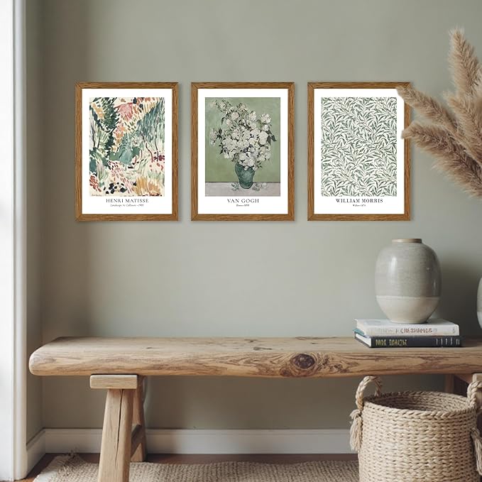 JLTULT 3 Piece Vintage Sage Green Canvas Wall Art, Monet Van Gogh Matisse Wall Decor, Botanical Painting Artwork Prints for Living Room Bedroom Home Office 12X16 inch Wood Framed Easy to Hang