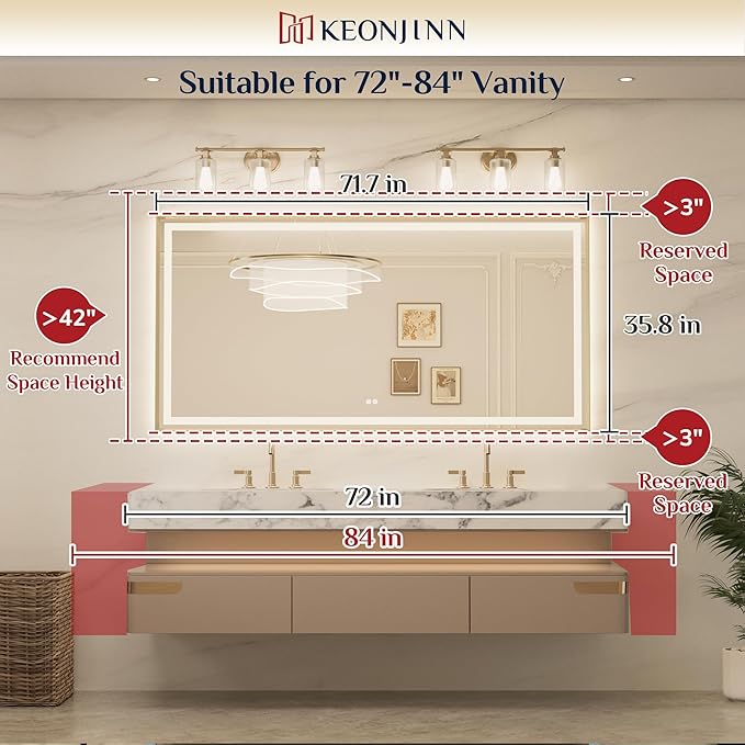 Keonjinn 72 x 36 Inch LED Mirror for Bathroom Large, Brushed Nickel Front & Back Lighted Bathroom Mirror, HD Tempered Glass, UL Listed LED Driver, Beveled Framed, 3 Color Lights, Dimmale, Anti-Fog