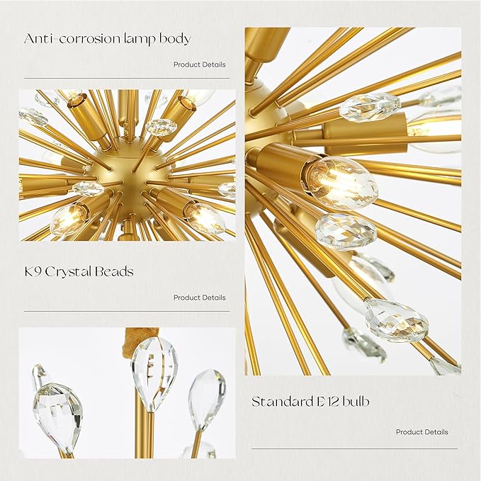 12-Light Gold Sputnik Chandeliers, 24" Starburst Firework Pendant Light fixtures, Mid-Century Modern Satellite Ceiling Lights for Dining Room, Kitchen, Bedroom, Living Room, E12