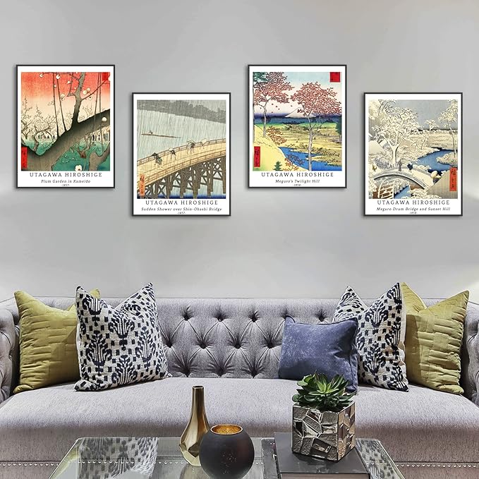 Berkin Arts Wall Art Unframed Prints Giclee Art Paper Set of 4, 8x10 inch Japanese Ukiyo-e Artwork, Bathroom Decoration Aesthetic Rustic Nature Colorful Wilderness Elegant Utagawa Hiroshige Poster