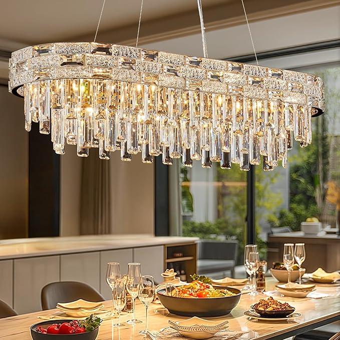 Modern Crystal Chandelier,12-Light Gold Chandelier Light Fixture Contemporary Luxury K9 Crystal Rectangular Pendant Ceiling Light Fixture for Dining Living Room Kitchen Island Bar (L34.3Inch)