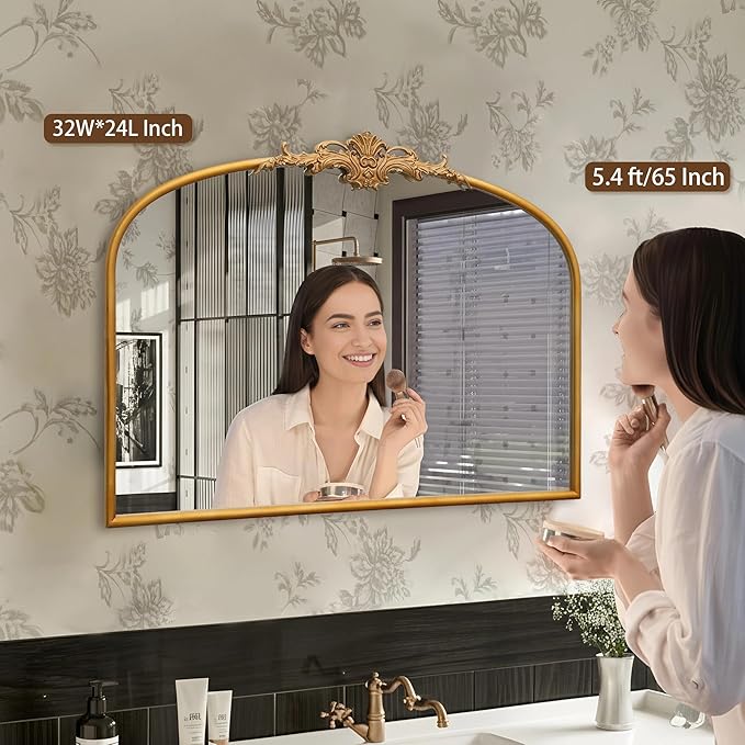 Antique Arched Gold Mirror: 32"x24" Large Gleaming Gold Antique Wall Mounted Mirror - Baroque Traditional Ornate for Fireplace/Bathroom/Living Room - Home Decor for Housewife