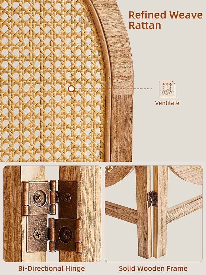 3 Panel Room Dividers and Folding Privacy Screens, Wooden Room Divider with Bi-Directional Hinge, Pre-Assembled Hand-Made Rattan Privacy Dividers for Balcony, Bedroom, Hotel Decorations
