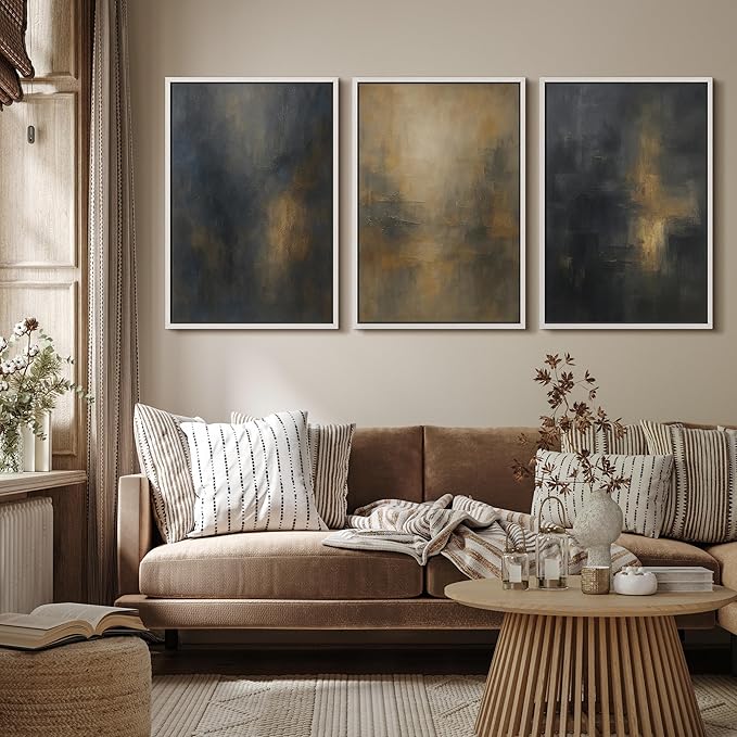 MUDECOR Framed Wall Art Print Set Dark Abstract Modern Contemporary in Navy Blue and Gold Brushstrokes Illustrations Modern Art Decorative Colorful for Living Room, Bedroom, Office - 24"x36"x3 White