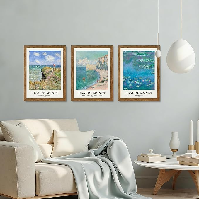 JLTULT 3 Piece Framed Vintage Claude Monet Canvas Wall Art, Impressionism Landscape Wall Decor, The Cliff Walk at Pourville Water Lilies Prints for Living Room Bedroom Office 12x16 in Easy to Hang