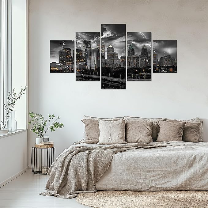 Cawpom Philadelphia Wall Art Philadelphia Skyline Wall Decor Black and White Picture Frame Lightning Canvas Print - (60x32 inches) Pennsylvania Painting Poster - Heartwarming Gift for Home Decoration