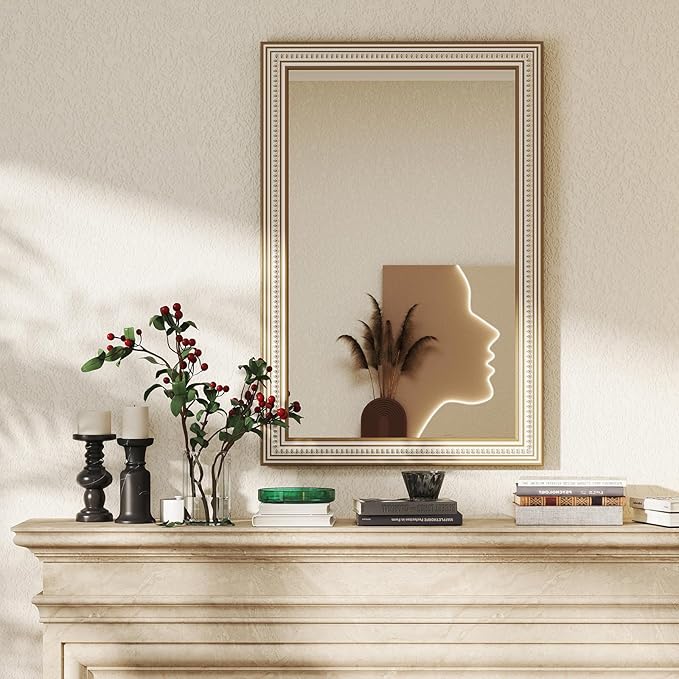 36x24 Inch Farmhouse Wooden Rectangle Mirrors for Wall with Beaded, Boho Decorative Rectangular Mirror for Bathroom, Living Room, Entryway, Foyer (Horizontal/Vertical Mount)