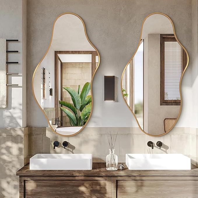 Bathroom Mirrors for Over Sink - Long Wall Mirrors Decorative 24"x 43" Asymmetrical Abstract Aviation Aluminum Alloy Frame Unique for Bedroom, Living Room, Cloakroom, Entryway Gold