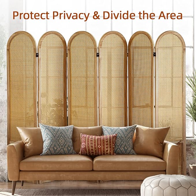 6 Panel Room Dividers and Folding Privacy Screens, Hand-Made Rattan Room Divider with Bi-Directional Hinge, Pre-Assembled Wood Room Divider Wall for Home Office Bedroom, Light Brown