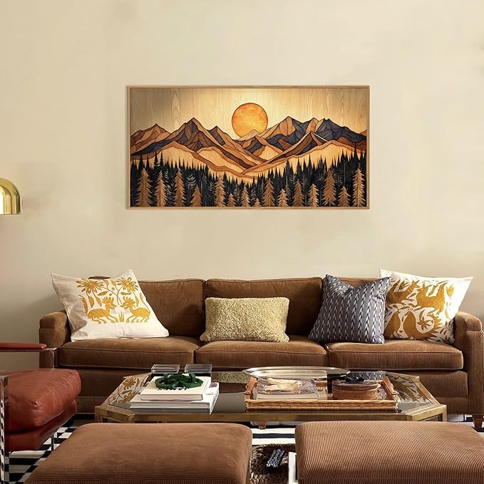 Ausril Woodcut Mountain Pine Tree Framed Canvas Wall Art Set - 20x40 Inch, Vintage Nature Forest Wilderness Landscape Print, Brown Boho Style Painting for Living Room, Bedroom, Office Decor