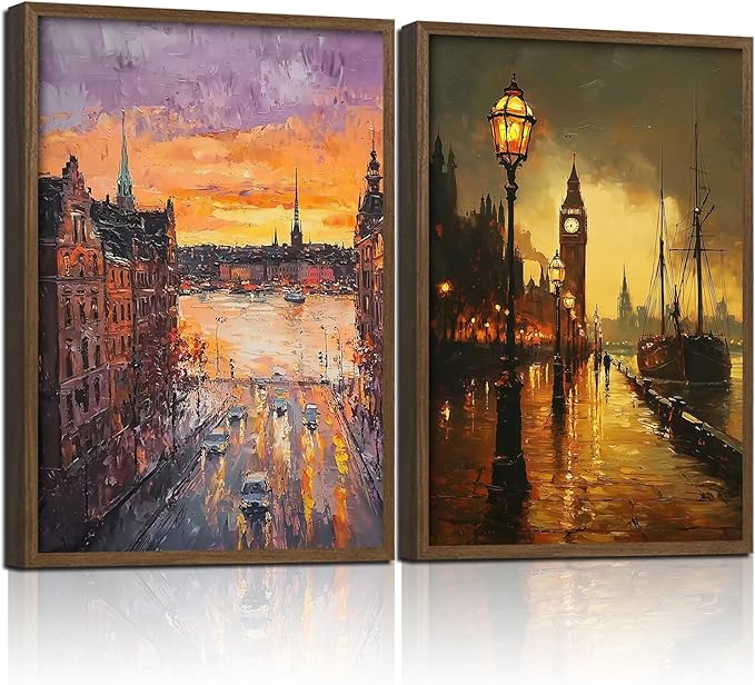 2Pcs Wood Framed Oil Painting Landscape Wall Art Vintage City Canvas Print Dusk Scenery Poster Decorative Painting European Street Scene Picture Artwork Living Room Study Gallery Decor 16x24 Inch
